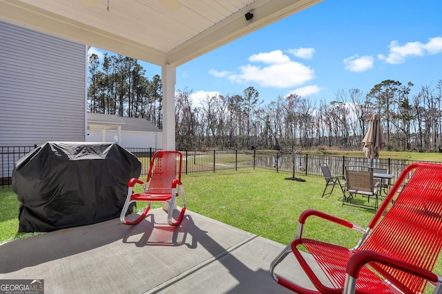 view of patio / terrace featuring a fenced backyard and grilling area