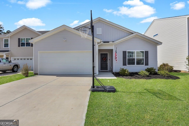 view of front of home featuring an attached garage, board and batten siding, concrete driveway, and a front yard