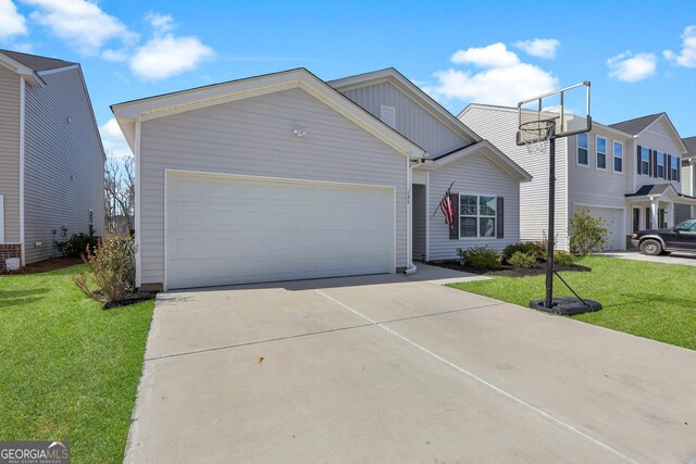 view of front of house with an attached garage, board and batten siding, concrete driveway, and a front lawn