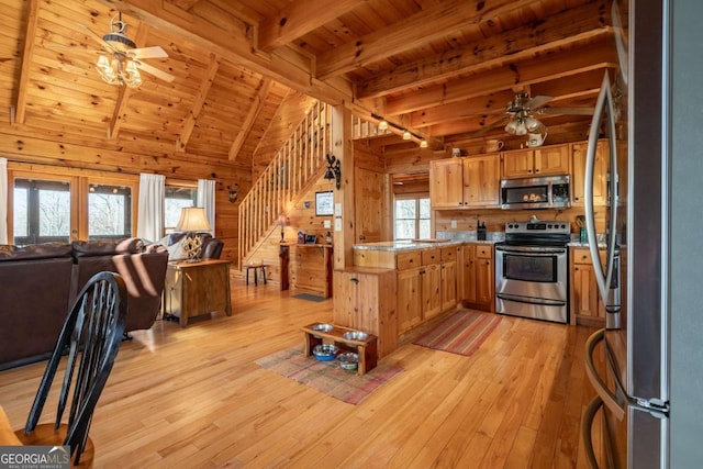 kitchen with a ceiling fan, open floor plan, stainless steel appliances, a peninsula, and wood walls