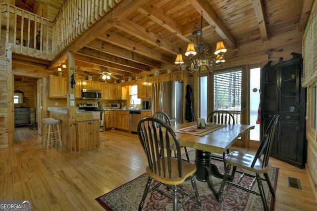 dining area featuring light wood finished floors, wooden ceiling, visible vents, and beamed ceiling
