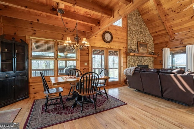 dining room with wood ceiling, wooden walls, plenty of natural light, and light wood-style floors