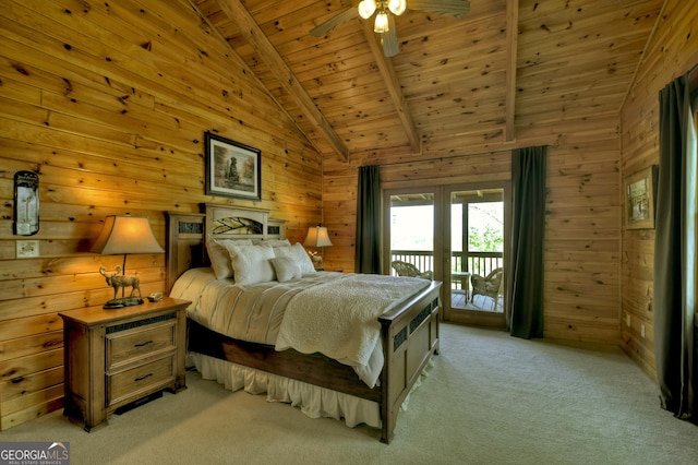 bedroom with lofted ceiling with beams, wood ceiling, light carpet, wood walls, and access to outside