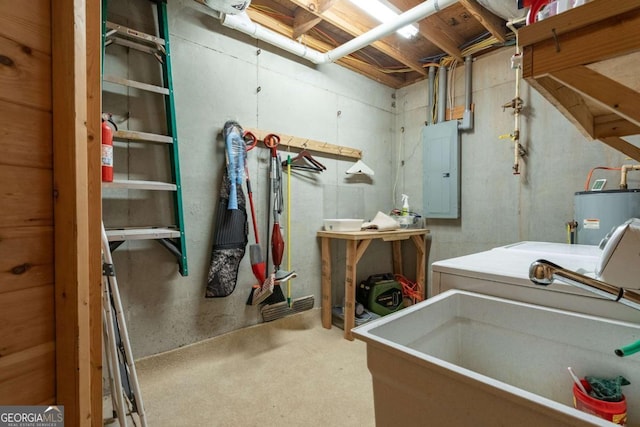 laundry area featuring electric panel, laundry area, water heater, and a sink