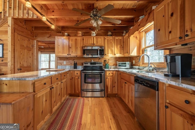 kitchen featuring light wood finished floors, a peninsula, beam ceiling, a sink, and stainless steel appliances