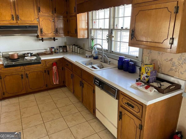 kitchen featuring ventilation hood, white dishwasher, a sink, cooktop, and light countertops