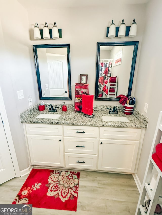 bathroom featuring a sink, wood finished floors, and double vanity