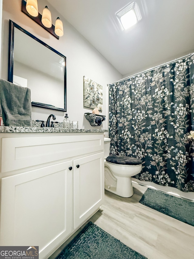 full bathroom with vanity, toilet, and wood finished floors