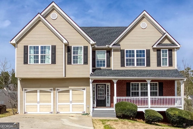 view of front facade with driveway, a porch, roof with shingles, an attached garage, and brick siding