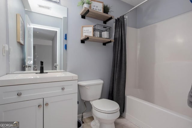 bathroom with visible vents, shower / bath combo with shower curtain, toilet, and vanity