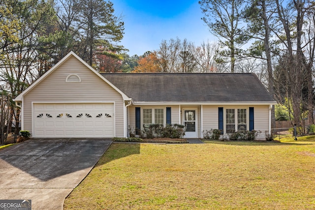 single story home featuring an attached garage, concrete driveway, and a front lawn