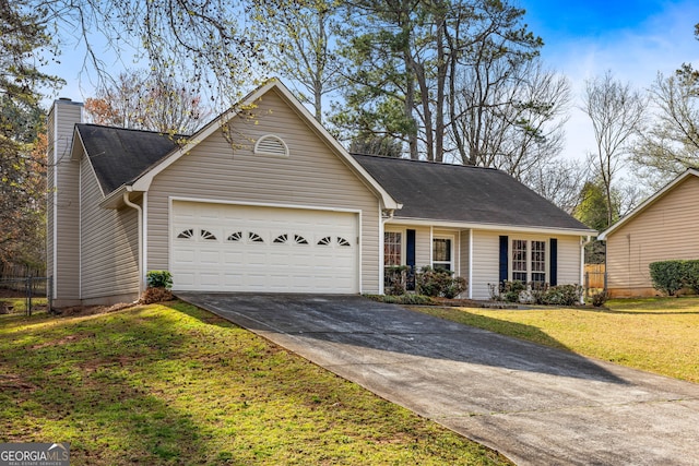 single story home with concrete driveway, a front yard, a shingled roof, a garage, and a chimney