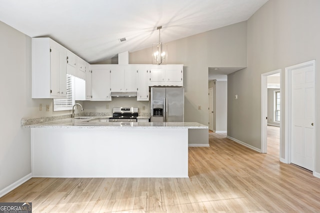 kitchen featuring light wood finished floors, under cabinet range hood, light stone counters, stainless steel appliances, and a sink