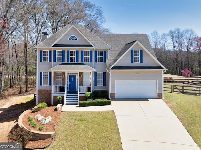 view of front of house featuring fence, a front yard, a chimney, concrete driveway, and a porch