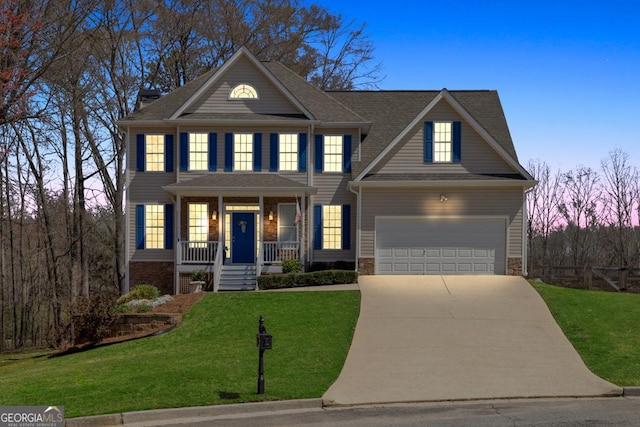 49 Inverness Ct, Hiram, GA 30141 - view of front of property featuring concrete driveway, a porch, a yard, and a garage