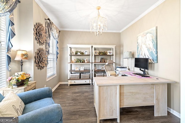 office space with baseboards, ornamental molding, dark wood-style flooring, and a chandelier