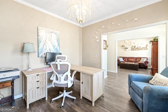 home office featuring an inviting chandelier, baseboards, crown molding, and wood finished floors
