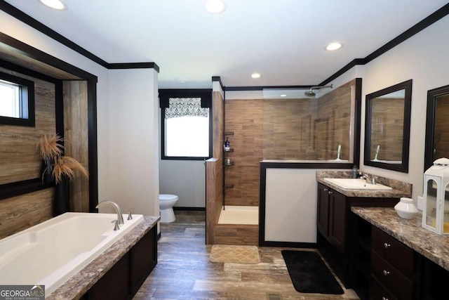 2802 County Road 19, Woodland, AL 36280 - bathroom with toilet, a bath, a walk in shower, ornamental molding, and wood finished floors