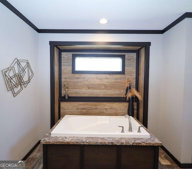 2802 County Road 19, Woodland, AL 36280 - full bath with baseboards, a bath, crown molding, wood finished floors, and recessed lighting