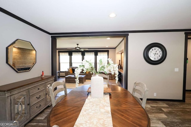 2802 County Road 19, Woodland, AL 36280 - dining space with crown molding, a ceiling fan, wood finished floors, baseboards, and recessed lighting