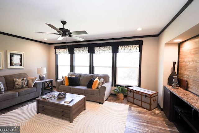 2802 County Road 19, Woodland, AL 36280 - living room with crown molding, wood finished floors, a ceiling fan, and recessed lighting