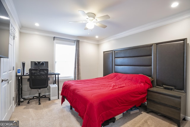 carpeted bedroom with a ceiling fan, crown molding, recessed lighting, and baseboards