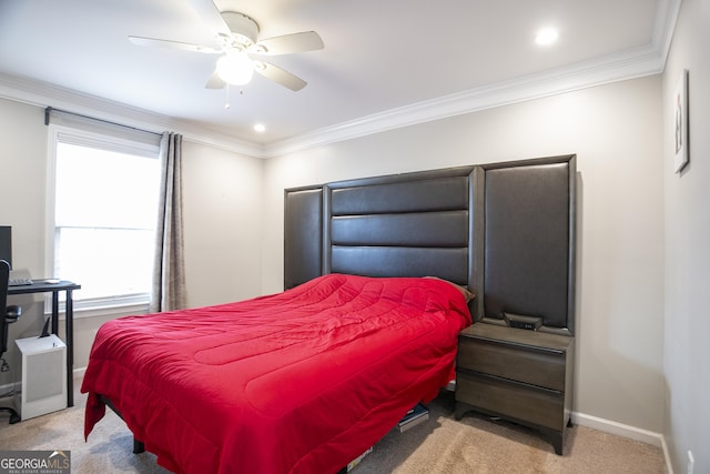 carpeted bedroom with crown molding, recessed lighting, a ceiling fan, and baseboards