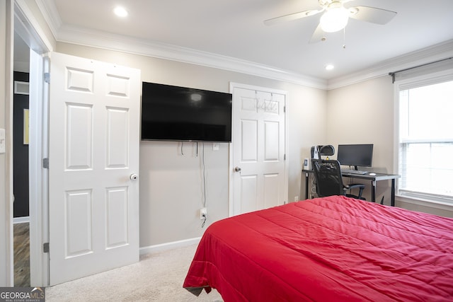 bedroom featuring carpet, baseboards, recessed lighting, ceiling fan, and ornamental molding