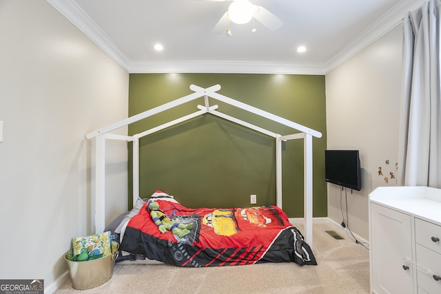 bedroom with a ceiling fan, baseboards, recessed lighting, crown molding, and carpet flooring