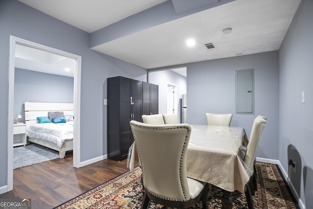 dining room with electric panel, baseboards, visible vents, and dark wood-style flooring