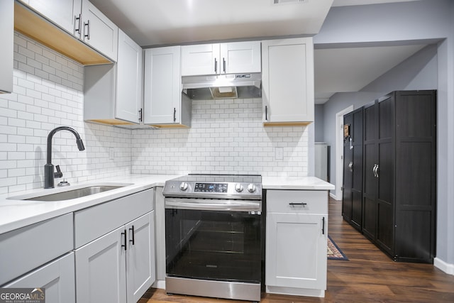 kitchen with dark wood-style floors, stainless steel electric range, a sink, decorative backsplash, and under cabinet range hood