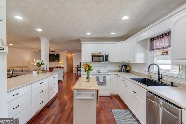 kitchen with dark wood finished floors, open floor plan, stainless steel appliances, and a sink