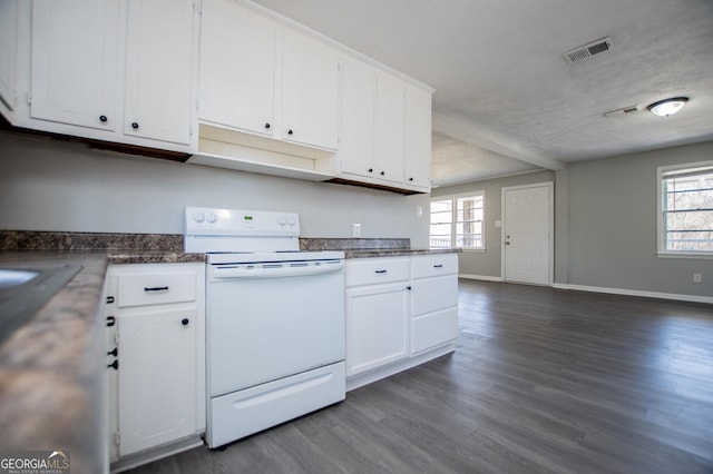 kitchen featuring a wealth of natural light, dark wood-style floors, white cabinets, and white electric range