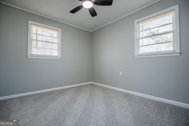 spare room with carpet flooring, baseboards, and crown molding