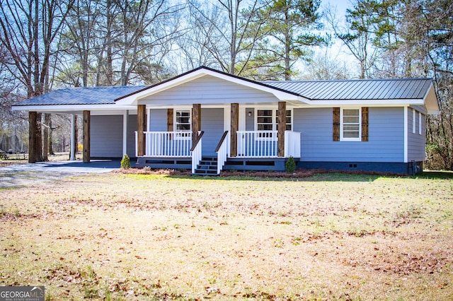 single story home featuring crawl space, a porch, metal roof, and aphalt driveway