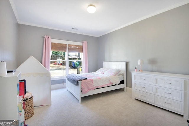 bedroom featuring visible vents, baseboards, light colored carpet, and crown molding