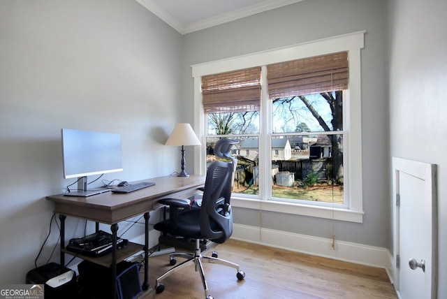 office space with baseboards, wood finished floors, and crown molding