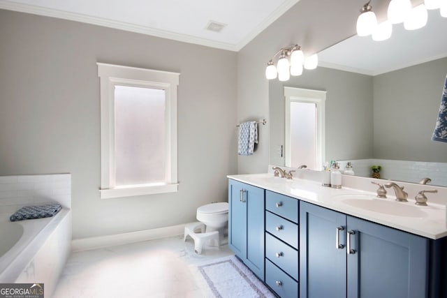 bathroom featuring visible vents, crown molding, a garden tub, and a sink