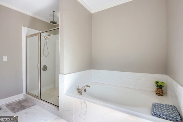 bathroom featuring baseboards, a stall shower, crown molding, a bath, and marble finish floor