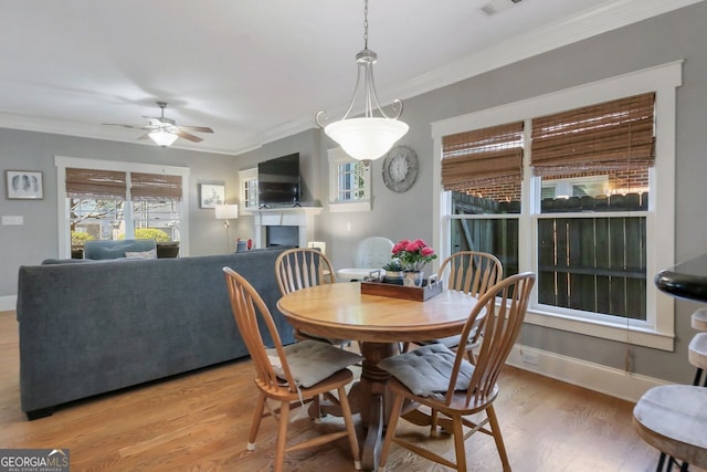 dining area featuring baseboards, a fireplace, crown molding, and light wood finished floors