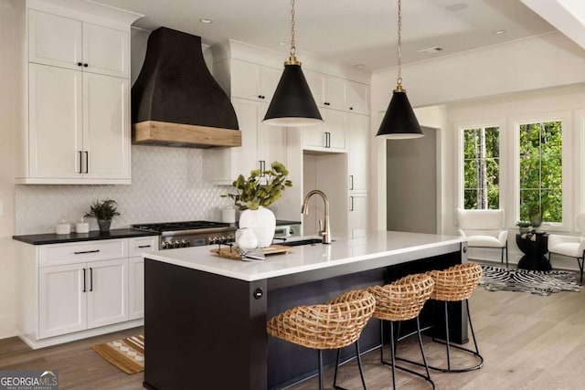 kitchen featuring backsplash, an island with sink, custom range hood, wood finished floors, and stove