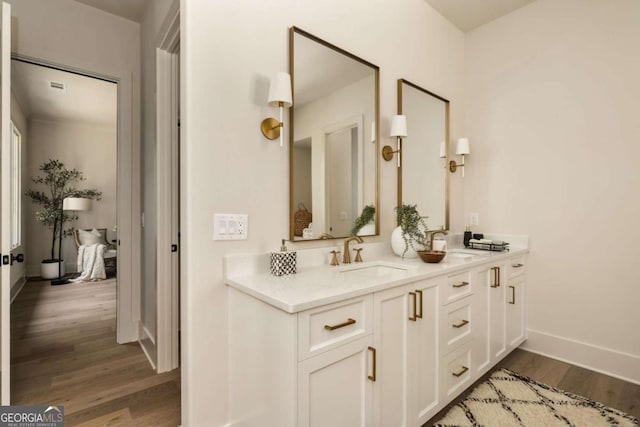 bathroom with double vanity, wood finished floors, baseboards, and a sink