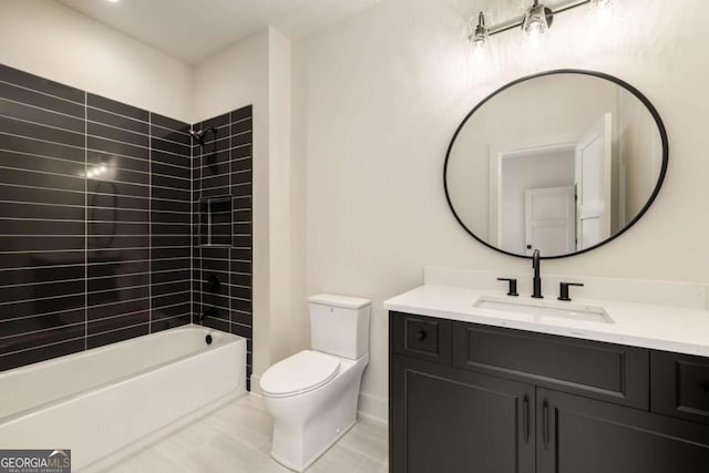 bathroom featuring toilet,  shower combination, and vanity