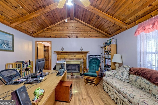 office space featuring wooden ceiling, light wood-style flooring, and vaulted ceiling with beams