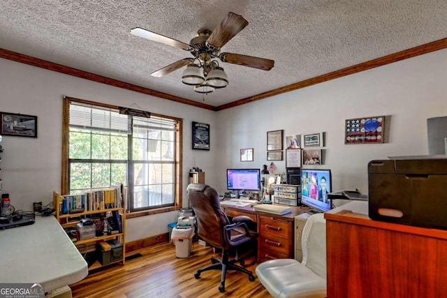 office space featuring a textured ceiling, light wood-type flooring, crown molding, and a ceiling fan