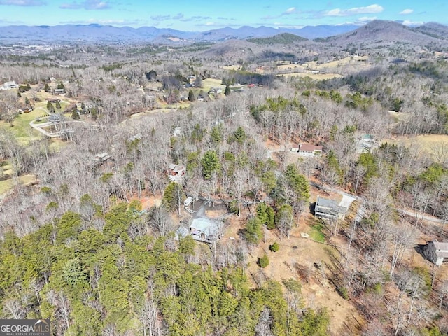 drone / aerial view featuring a wooded view and a mountain view