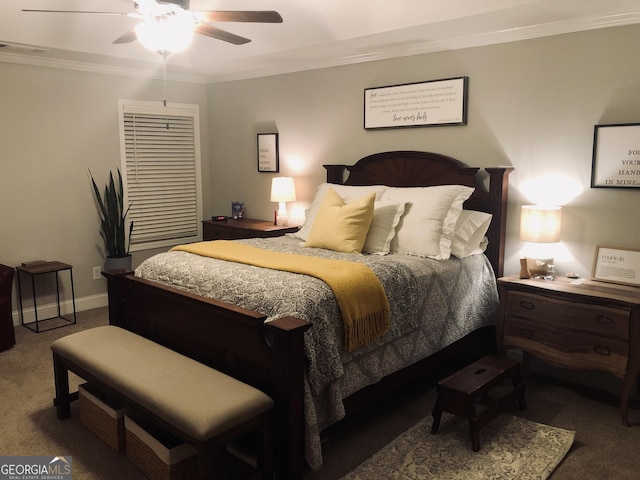 bedroom with baseboards, visible vents, ceiling fan, ornamental molding, and carpet flooring