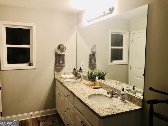 bathroom with double vanity, wood finished floors, baseboards, and a sink