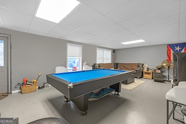 game room featuring baseboards, a paneled ceiling, and billiards