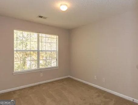 carpeted spare room featuring visible vents and baseboards